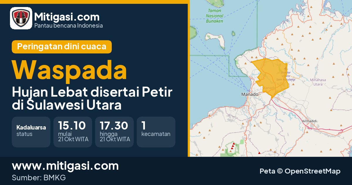 Peringatan dini cuaca BMKG tingkat Waspada di Sulawesi Utara. (Mitigasi.com/data BMKG)