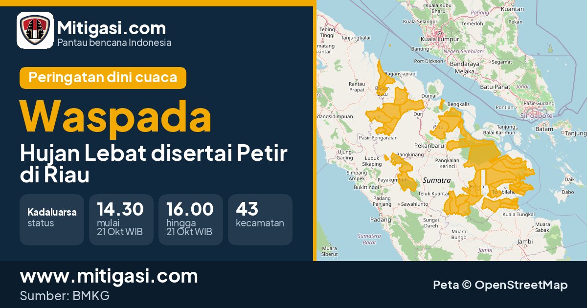 Peringatan dini cuaca BMKG tingkat Waspada di Riau. (Mitigasi.com/data BMKG)