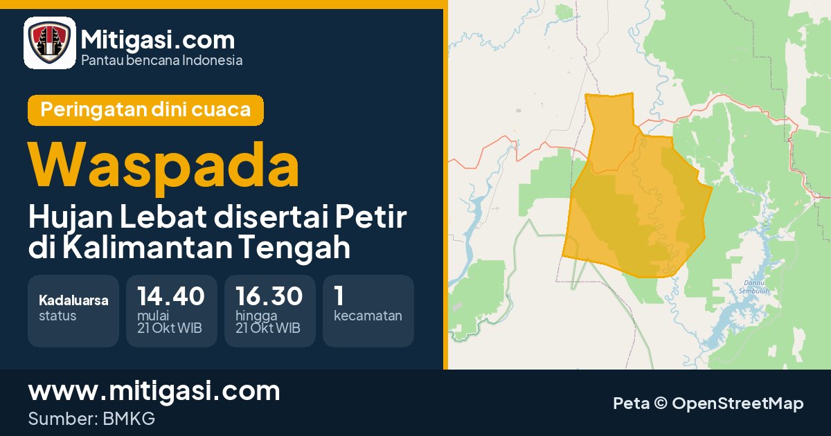 Peringatan dini cuaca BMKG tingkat Waspada di Kalimantan Tengah. (Mitigasi.com/data BMKG)