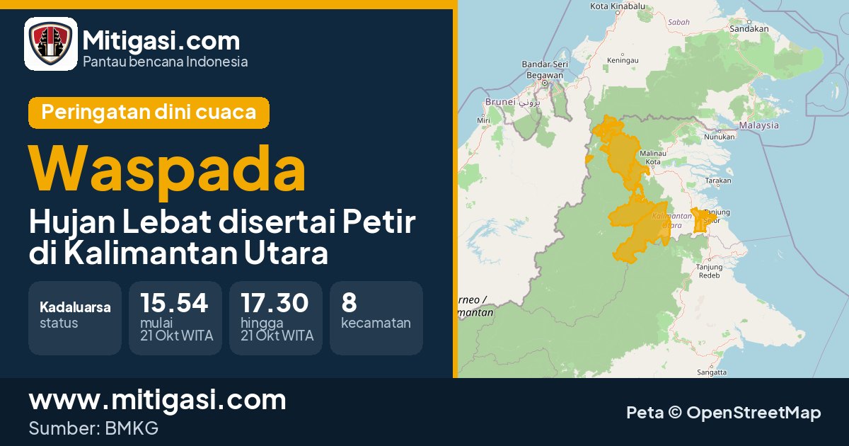 Peringatan dini cuaca BMKG tingkat Waspada di Kalimantan Utara. (Mitigasi.com/data BMKG)