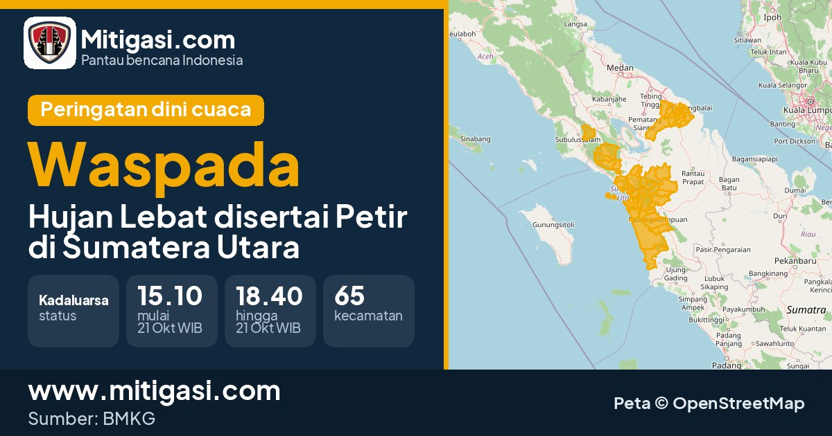 Peringatan dini cuaca BMKG tingkat Waspada di Sumatera Utara. (Mitigasi.com/data BMKG)