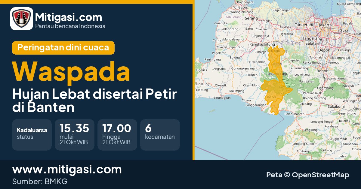 Peringatan dini cuaca BMKG tingkat Waspada di Banten. (Mitigasi.com/data BMKG)