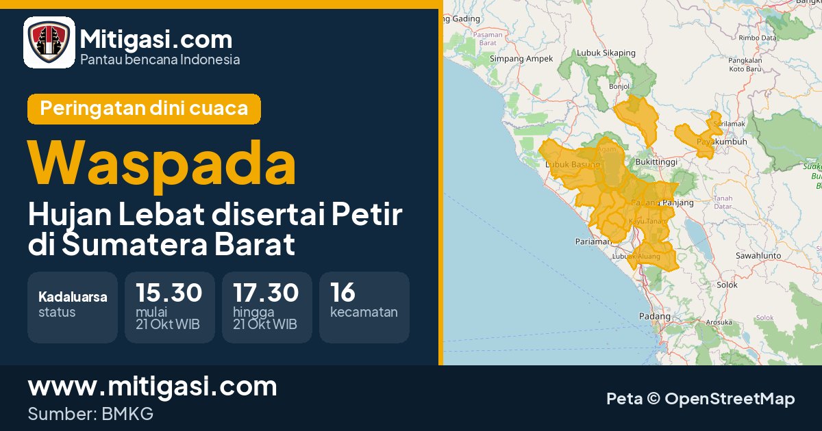 Peringatan dini cuaca BMKG tingkat Waspada di Sumatera Barat. (Mitigasi.com/data BMKG)