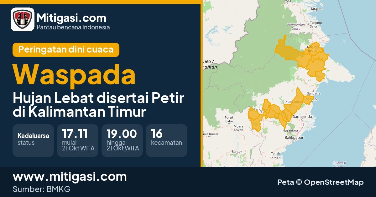 Peringatan dini cuaca BMKG tingkat Waspada di Kalimantan Timur. (Mitigasi.com/data BMKG)