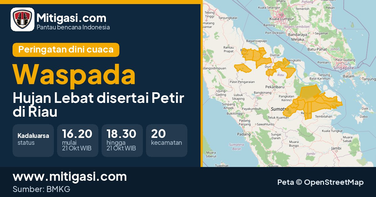 Peringatan dini cuaca BMKG tingkat Waspada di Riau. (Mitigasi.com/data BMKG)