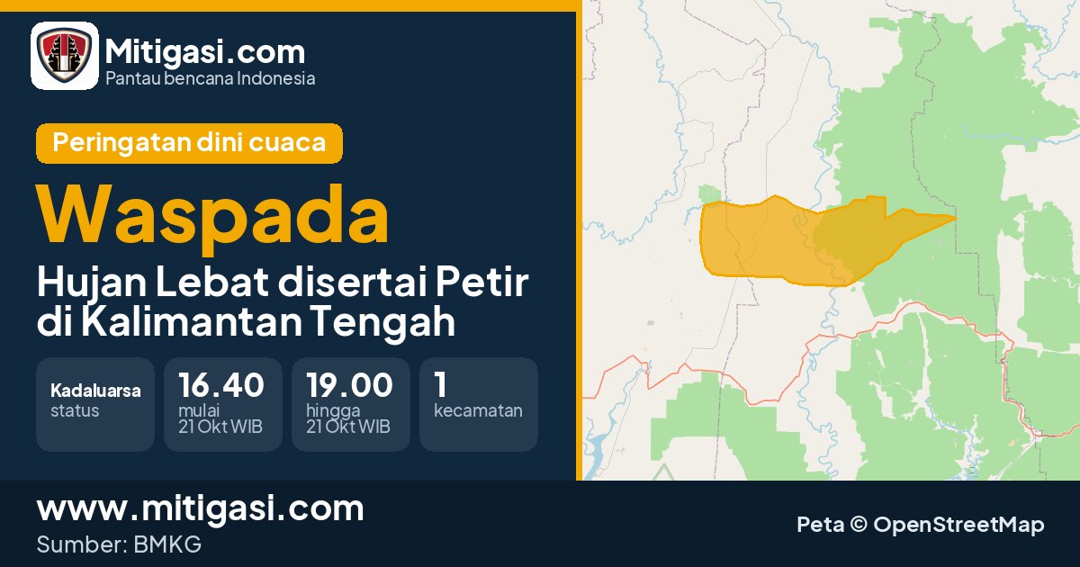 Peringatan dini cuaca BMKG tingkat Waspada di Kalimantan Tengah. (Mitigasi.com/data BMKG)