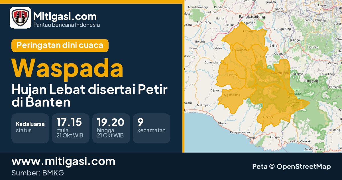 Peringatan dini cuaca BMKG tingkat Waspada di Banten. (Mitigasi.com/data BMKG)