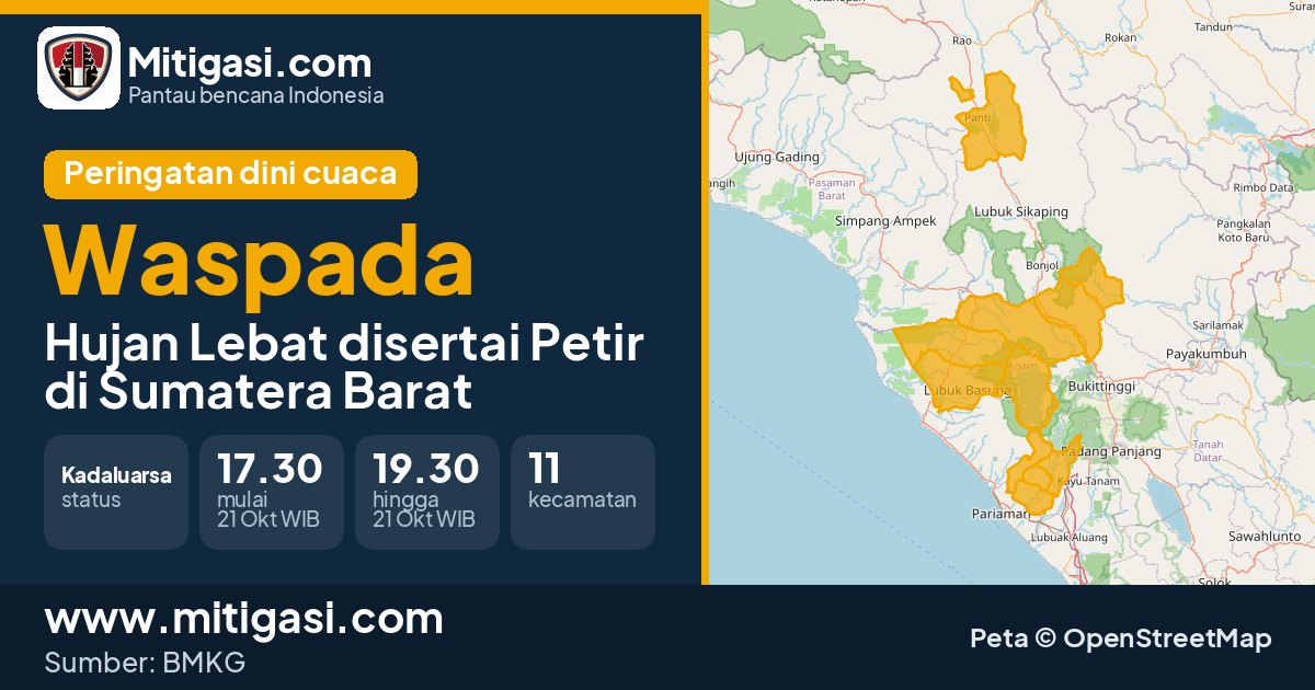 Peringatan dini cuaca BMKG tingkat Waspada di Sumatera Barat. (Mitigasi.com/data BMKG)