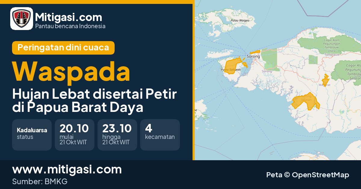 Peringatan dini cuaca BMKG tingkat Waspada di Papua Barat Daya. (Mitigasi.com/data BMKG)