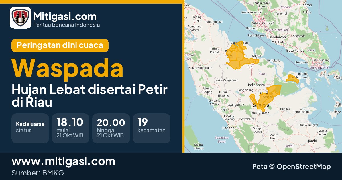 Peringatan dini cuaca BMKG tingkat Waspada di Riau. (Mitigasi.com/data BMKG)