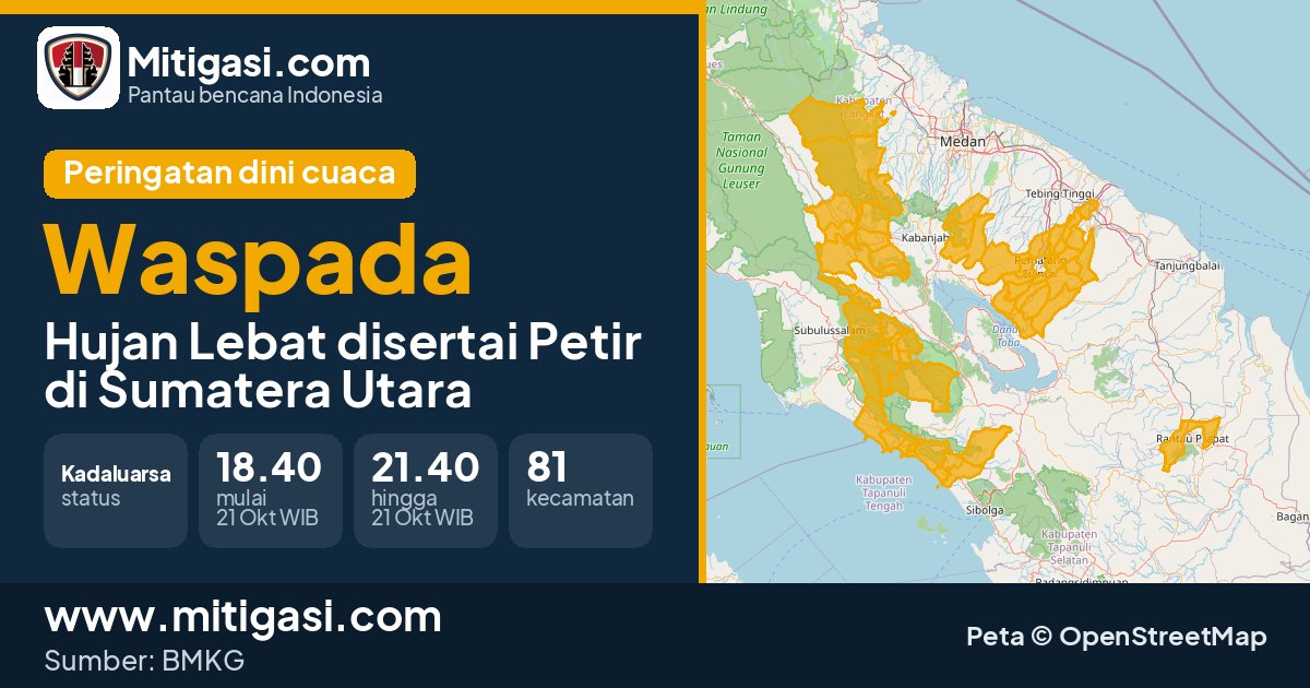 Peringatan dini cuaca BMKG tingkat Waspada di Sumatera Utara. (Mitigasi.com/data BMKG)