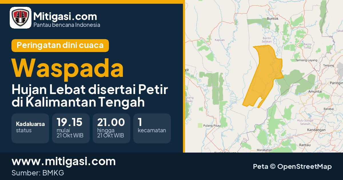 Peringatan dini cuaca BMKG tingkat Waspada di Kalimantan Tengah. (Mitigasi.com/data BMKG)