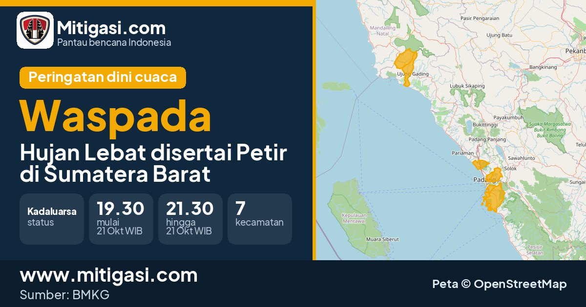 Peringatan dini cuaca BMKG tingkat Waspada di Sumatera Barat. (Mitigasi.com/data BMKG)