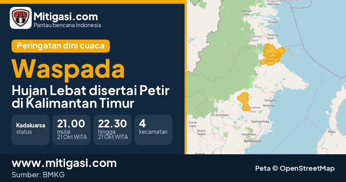 Peringatan dini cuaca BMKG tingkat Waspada di Kalimantan Timur. (Mitigasi.com/data BMKG)