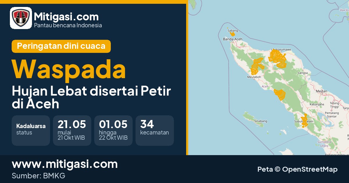 Peringatan dini cuaca BMKG tingkat Waspada di Aceh. (Mitigasi.com/data BMKG)