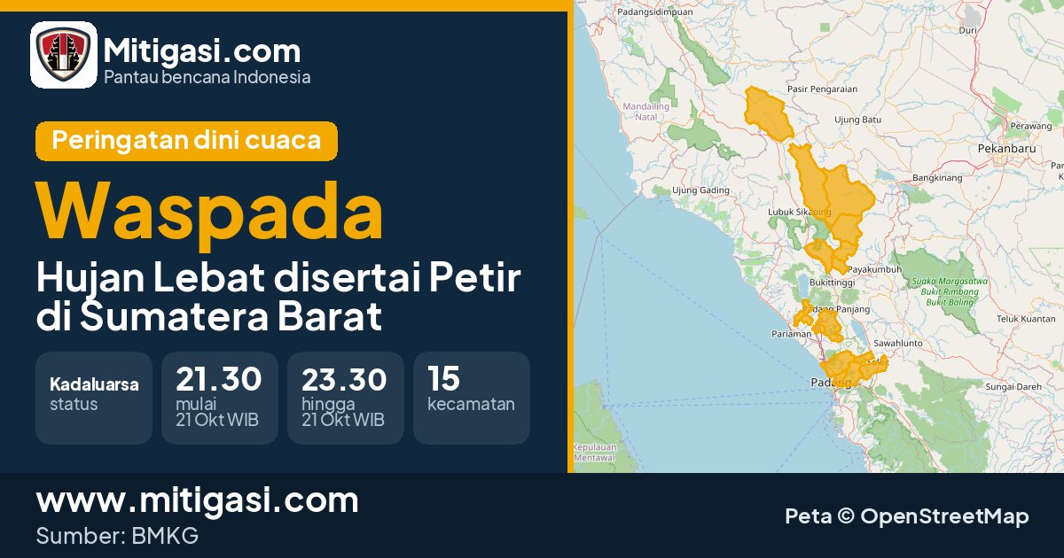 Peringatan dini cuaca BMKG tingkat Waspada di Sumatera Barat. (Mitigasi.com/data BMKG)