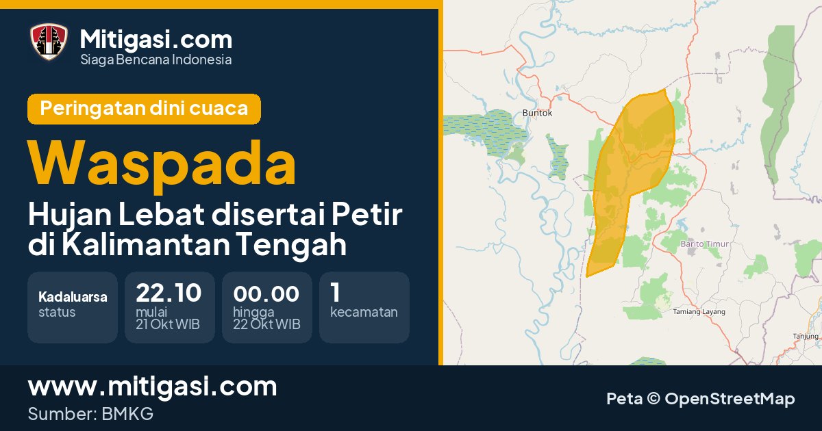 Peringatan dini cuaca BMKG tingkat Waspada di Kalimantan Tengah. (Mitigasi.com/data BMKG)
