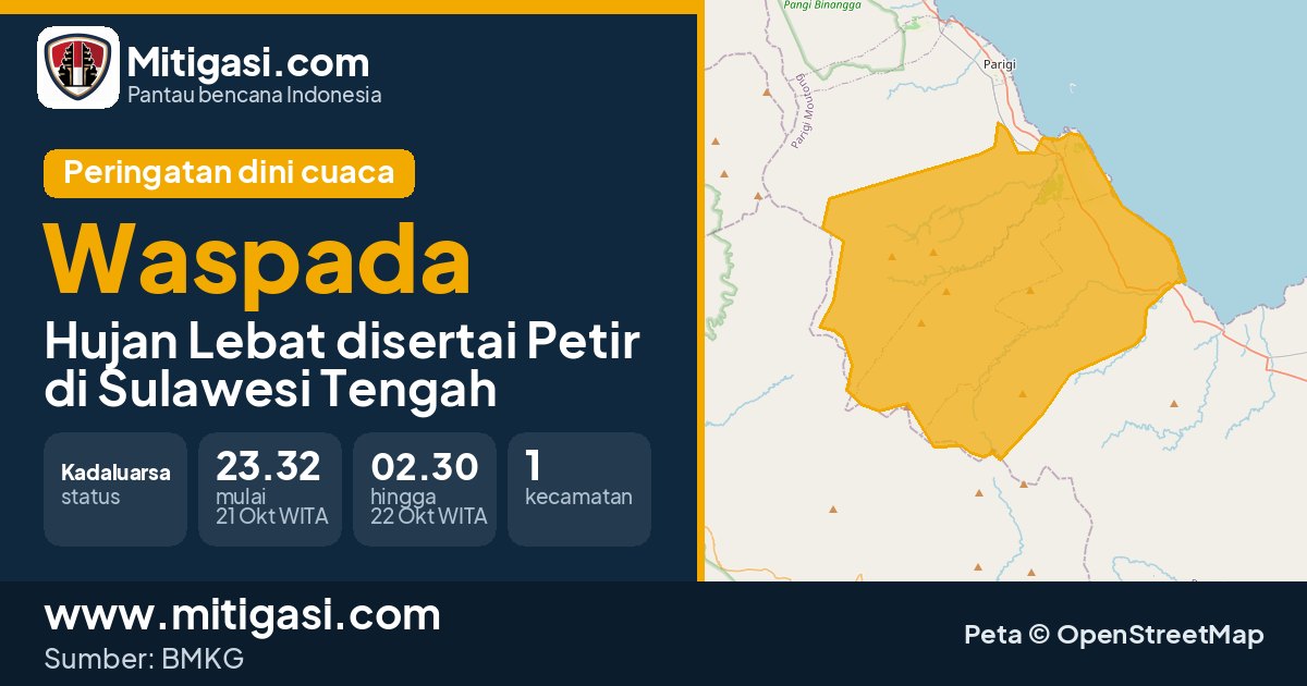 Peringatan dini cuaca BMKG tingkat Waspada di Sulawesi Tengah. (Mitigasi.com/data BMKG)