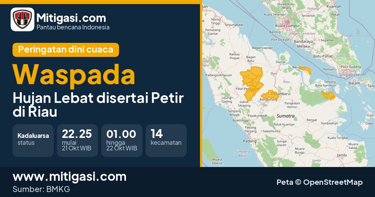 Peringatan dini cuaca BMKG tingkat Waspada di Riau. (Mitigasi.com/data BMKG)