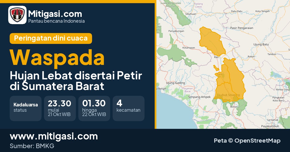 Peringatan dini cuaca BMKG tingkat Waspada di Sumatera Barat. (Mitigasi.com/data BMKG)