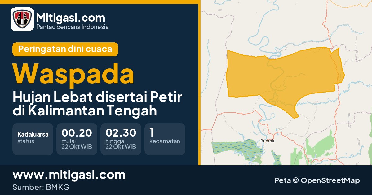 Peringatan dini cuaca BMKG tingkat Waspada di Kalimantan Tengah. (Mitigasi.com/data BMKG)