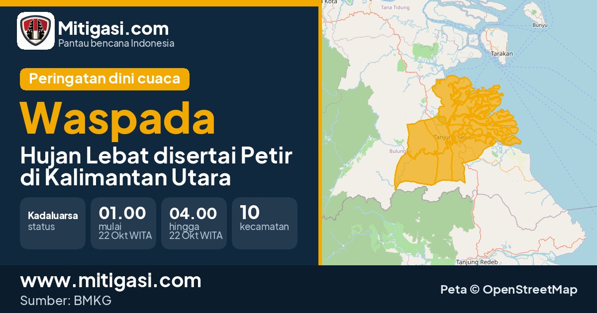Peringatan dini cuaca BMKG tingkat Waspada di Kalimantan Utara. (Mitigasi.com/data BMKG)