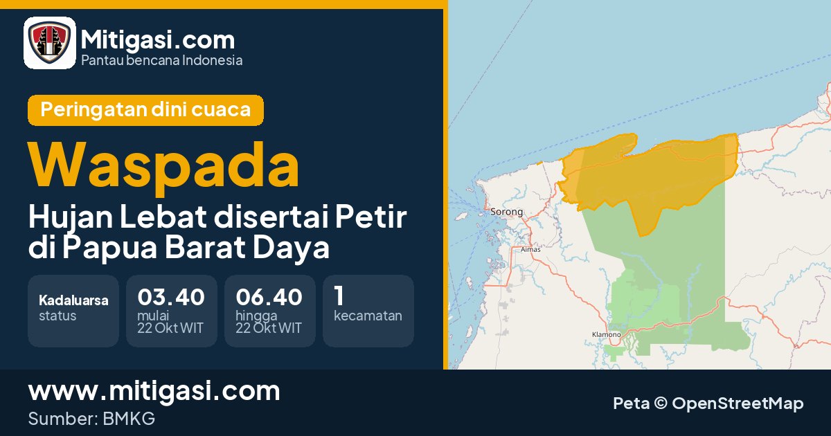 Peringatan dini cuaca BMKG tingkat Waspada di Papua Barat Daya. (Mitigasi.com/data BMKG)