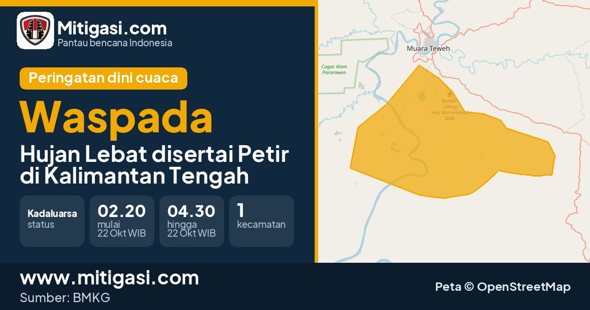 Peringatan dini cuaca BMKG tingkat Waspada di Kalimantan Tengah. (Mitigasi.com/data BMKG)