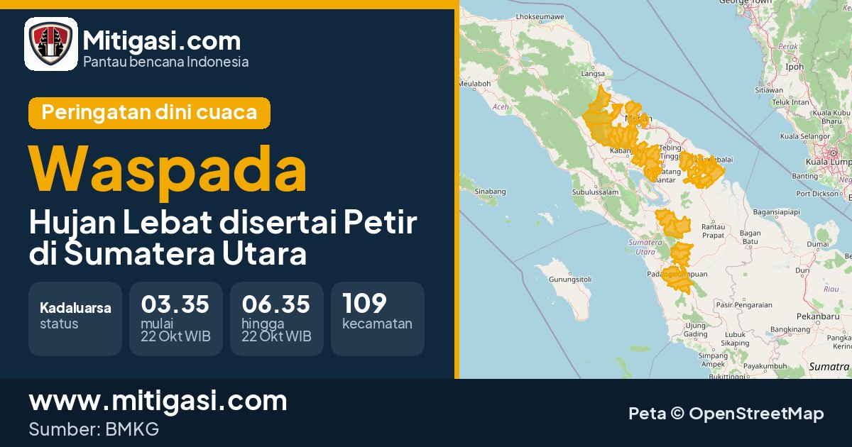 Peringatan dini cuaca BMKG tingkat Waspada di Sumatera Utara. (Mitigasi.com/data BMKG)