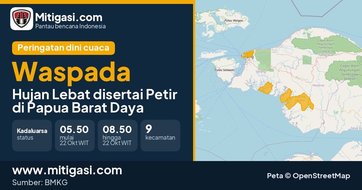 Peringatan dini cuaca BMKG tingkat Waspada di Papua Barat Daya. (Mitigasi.com/data BMKG)