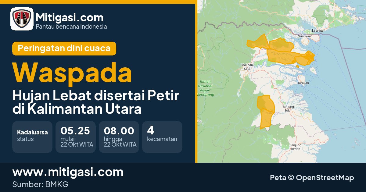 Peringatan dini cuaca BMKG tingkat Waspada di Kalimantan Utara. (Mitigasi.com/data BMKG)