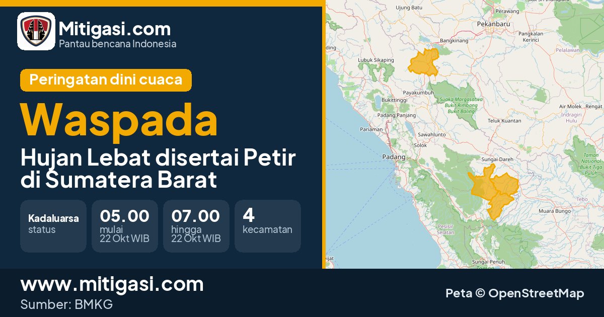 Peringatan dini cuaca BMKG tingkat Waspada di Sumatera Barat. (Mitigasi.com/data BMKG)