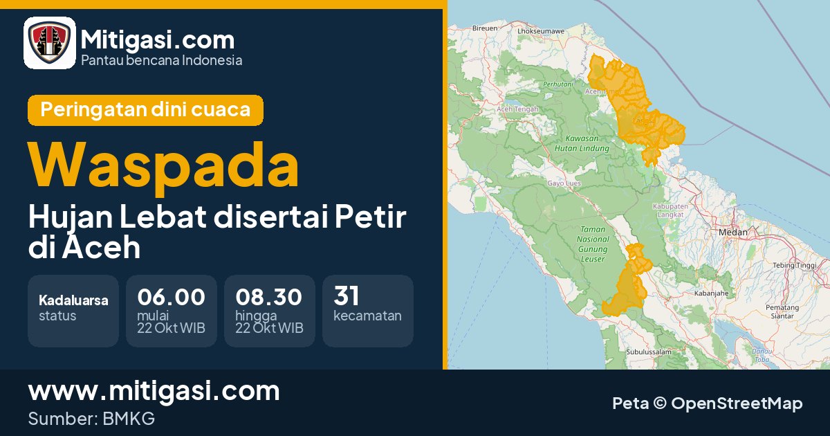 Peringatan dini cuaca BMKG tingkat Waspada di Aceh. (Mitigasi.com/data BMKG)