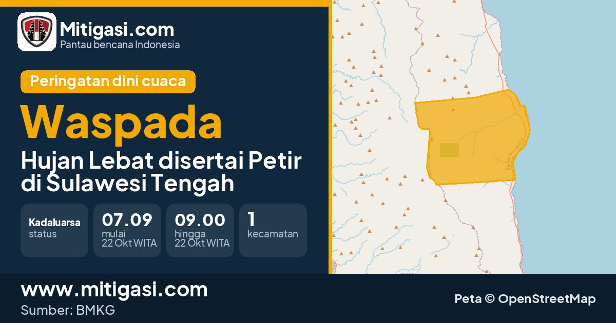 Peringatan dini cuaca BMKG tingkat Waspada di Sulawesi Tengah. (Mitigasi.com/data BMKG)