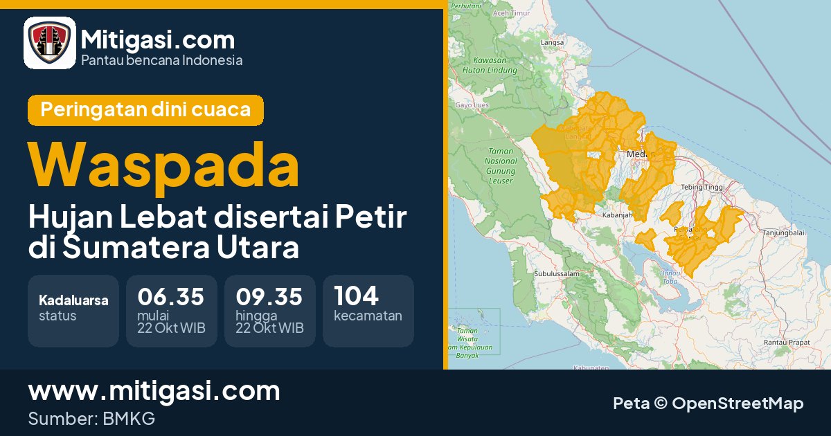 Peringatan dini cuaca BMKG tingkat Waspada di Sumatera Utara. (Mitigasi.com/data BMKG)