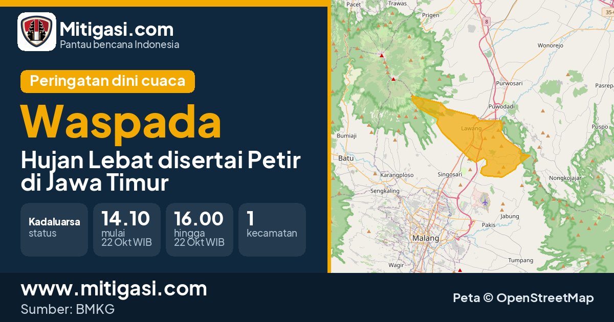 Peringatan dini cuaca BMKG tingkat Waspada di Jawa Timur. (Mitigasi.com/data BMKG)