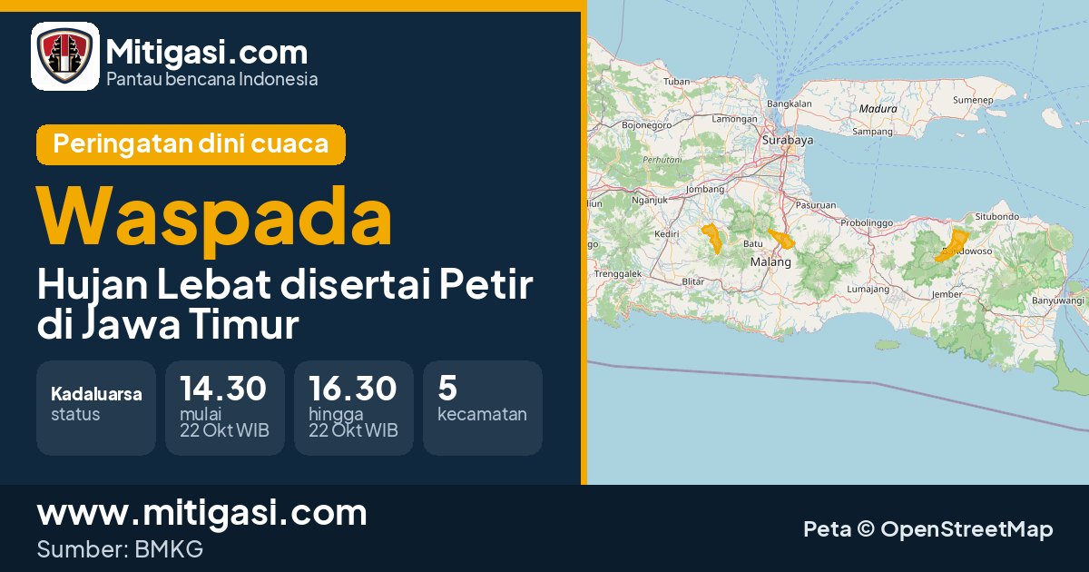 Peringatan dini cuaca BMKG tingkat Waspada di Jawa Timur. (Mitigasi.com/data BMKG)