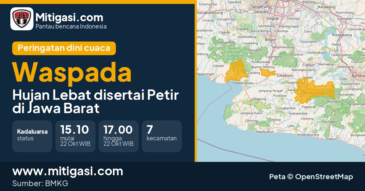 Peringatan dini cuaca BMKG tingkat Waspada di Jawa Barat. (Mitigasi.com/data BMKG)