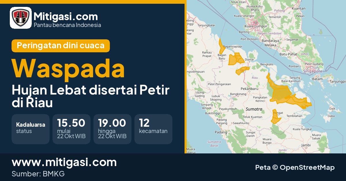 Peringatan dini cuaca BMKG tingkat Waspada di Riau. (Mitigasi.com/data BMKG)
