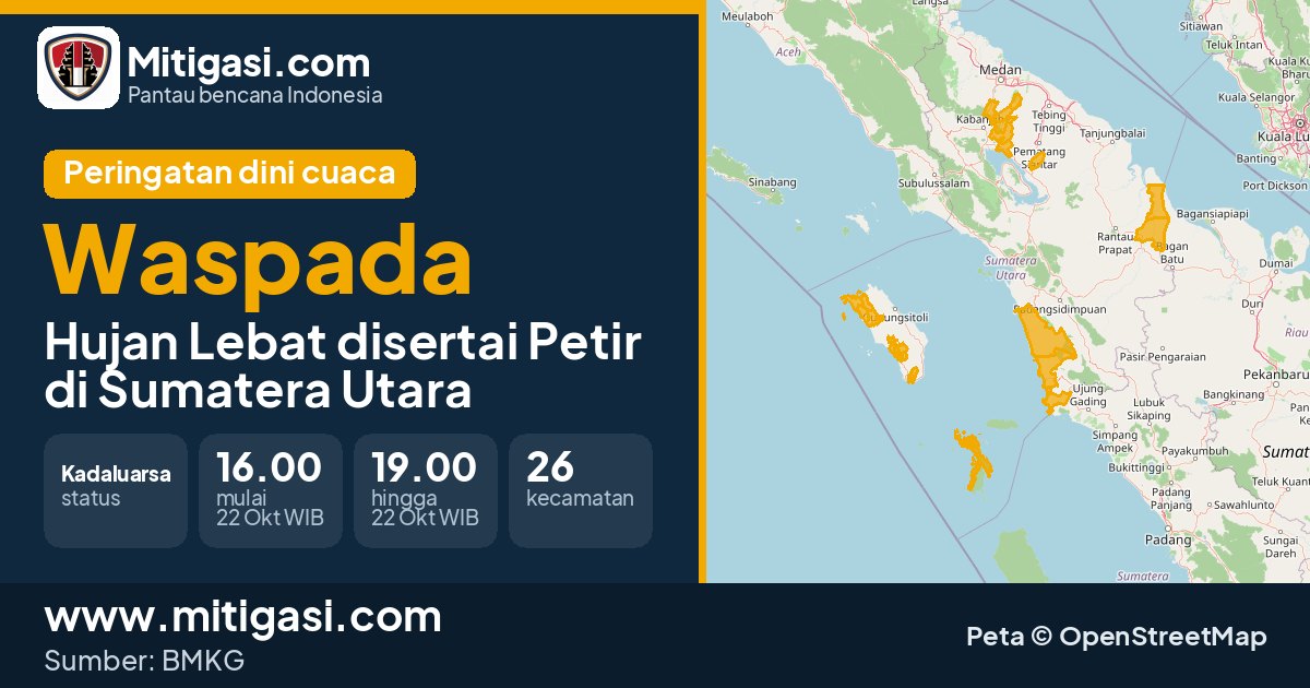 Peringatan dini cuaca BMKG tingkat Waspada di Sumatera Utara. (Mitigasi.com/data BMKG)