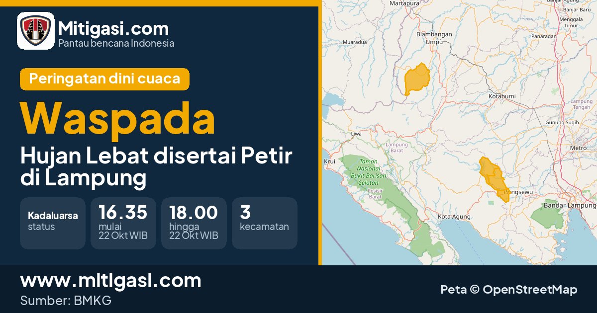 Peringatan dini cuaca BMKG tingkat Waspada di Lampung. (Mitigasi.com/data BMKG)