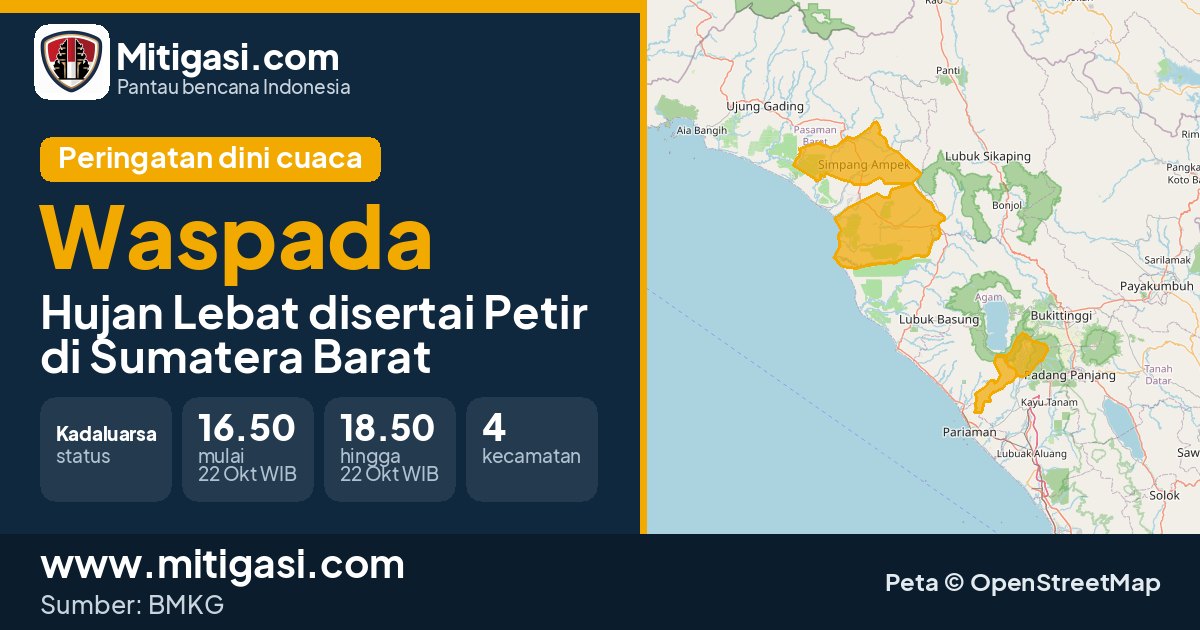 Peringatan dini cuaca BMKG tingkat Waspada di Sumatera Barat. (Mitigasi.com/data BMKG)
