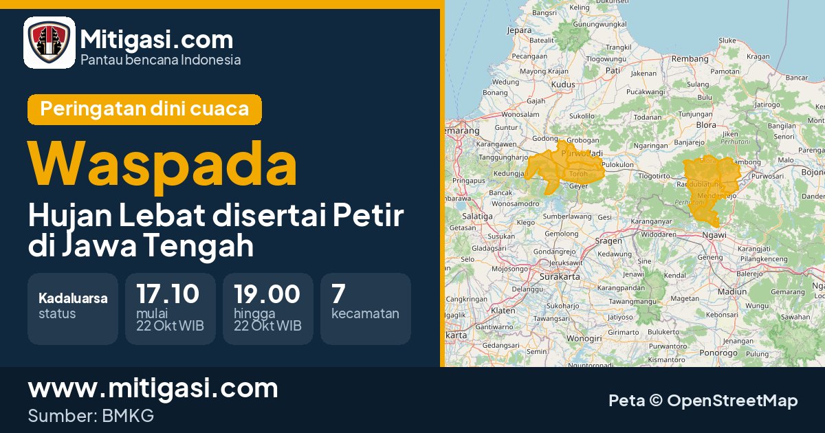 Peringatan dini cuaca BMKG tingkat Waspada di Jawa Tengah. (Mitigasi.com/data BMKG)