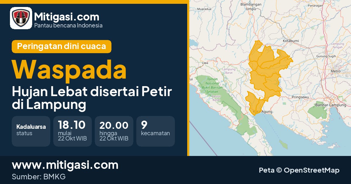 Peringatan dini cuaca BMKG tingkat Waspada di Lampung. (Mitigasi.com/data BMKG)