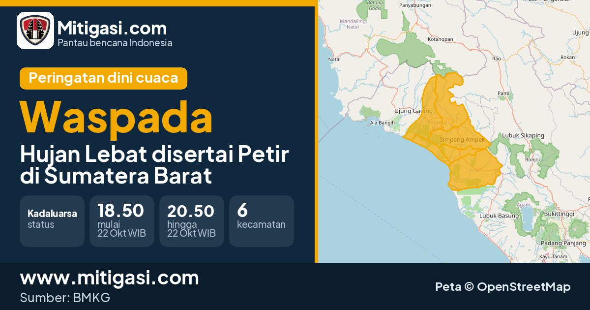 Peringatan dini cuaca BMKG tingkat Waspada di Sumatera Barat. (Mitigasi.com/data BMKG)