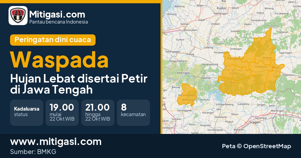 Peringatan dini cuaca BMKG tingkat Waspada di Jawa Tengah. (Mitigasi.com/data BMKG)