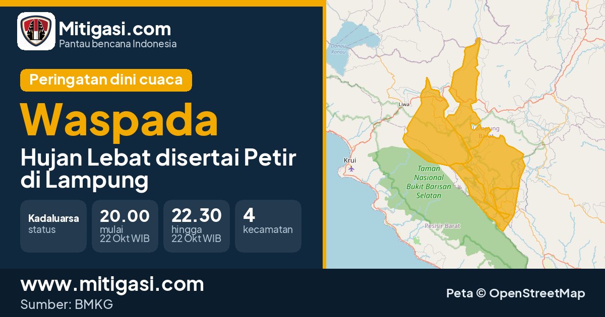 Peringatan dini cuaca BMKG tingkat Waspada di Lampung. (Mitigasi.com/data BMKG)