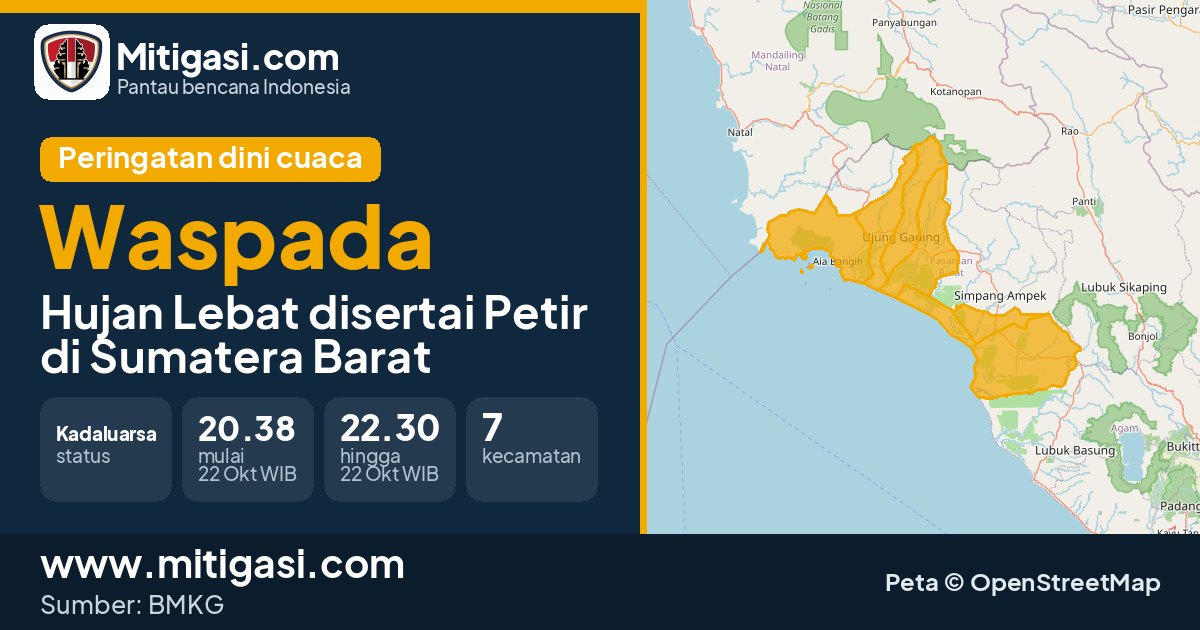 Peringatan dini cuaca BMKG tingkat Waspada di Sumatera Barat. (Mitigasi.com/data BMKG)