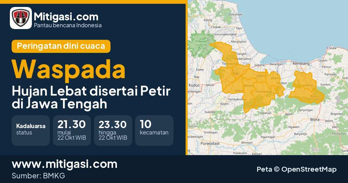 Peringatan dini cuaca BMKG tingkat Waspada di Jawa Tengah. (Mitigasi.com/data BMKG)