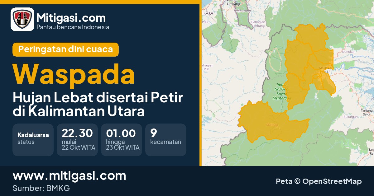 Peringatan dini cuaca BMKG tingkat Waspada di Kalimantan Utara. (Mitigasi.com/data BMKG)